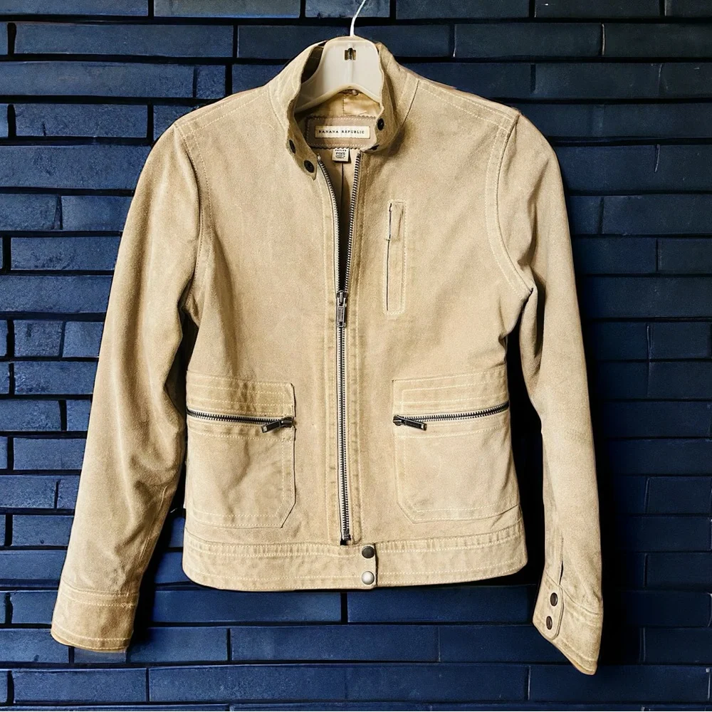 Banana Republic Cream Tan Suede Leather Moto Jacket | Size PXS | - Picture 11 of 16